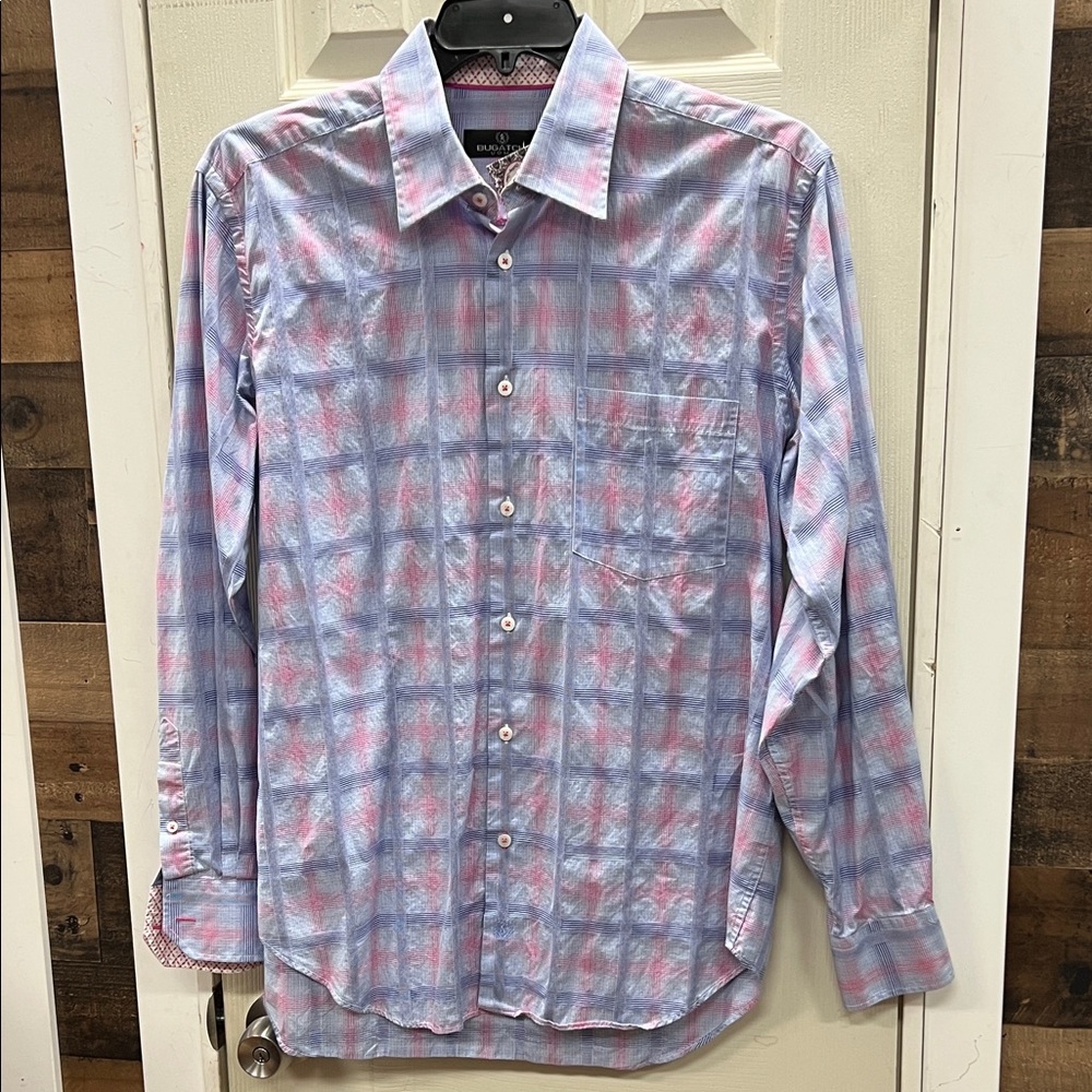 BUGATCHI UOMO | pink/blue plaid/check L/S button up shirt/blouse/dress/top